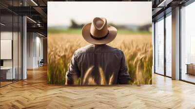 View from behind of a farmer in a wheat field Wall mural