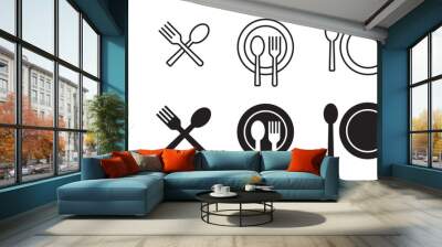 Fork & spoon icon vector set. Restaurant utensil symbol. Dinner dish or plate with spoon and fork sign outline for apps and websites. Wall mural