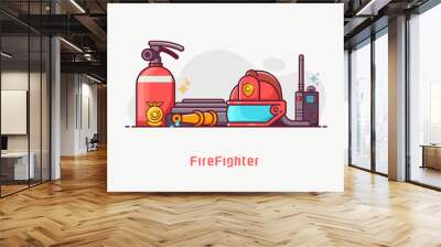 fire fighter lifestyle concept illustration with firefighting equipment. such as helmet, extinguishe Wall mural