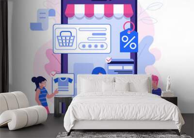 M commerce concept with people shopping on smartphone. Online mobile shopping scene with man and woman making purchases on internet. E-commerce advertising illustration. Wall mural