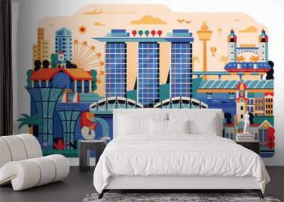 Travel Singapore Scene with Tourist Landmarks Wall mural