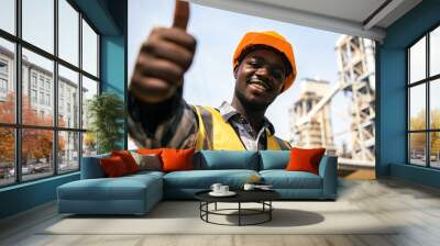 African Americans portrait of young smiling construction engineer worker man, wearing safety helmet before go to work site Wall mural