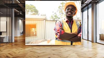 Portrait mature construction engineer man smiling confident with bright smile at site manager wearing hard hat and reflective vest in the garden Wall mural