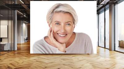 Portrait, smile and senior woman isolated on a transparent PNG background and feeling happy or positive. Face, confident and retirement with a mature female model with beauty, skin or natural makeup Wall mural