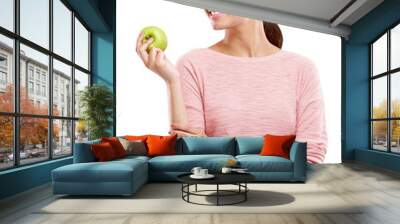 Woman, smile with apple and health, nutrition and diet, healthy food isolated on transparent, png background. Happy young female, clean eating with fruit, weight loss and organic, vegan and fresh Wall mural