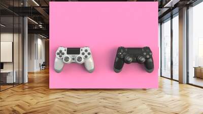 Computer game competition. Gaming concept. White and black joystick isolated on pink background, 3D rendering Wall mural