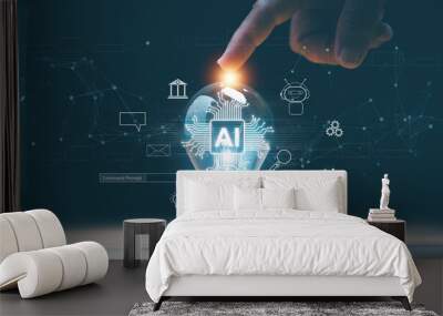 Artificial intelligence or AI of futuristic technology concept, Lightbulb on table with finger point on top, Internet of Things, futuristic innovation, smart communication network. Wall mural