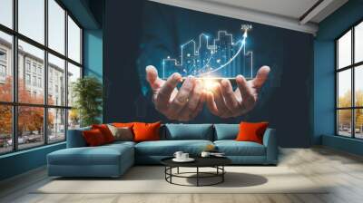 Concept of business prosperity and asset management, Real estate investment marketing analysis, Man holding graphic of analyzed graph of business growth, Planning to increase profits of business. Wall mural