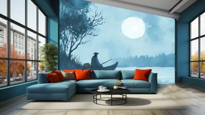 A serene blue landscape featuring a fisherman in a boat under a full moon, evoking peace and tranquility in nature. Wall mural