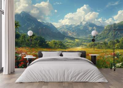 Scenic valley with colorful flowers, lush greenery, towering mountains under a bright sky with fluffy clouds. Wall mural