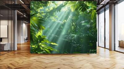 Serene jungle scene with sunlight filtering through lush greenery, creating a peaceful and vibrant atmosphere. Wall mural