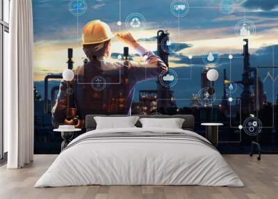 Double exposure of Engineer with oil refinery industry plant background,  industrial instruments in the factory and physical system icons concept, Industry 4.0 concept image Wall mural