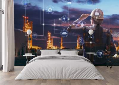 Double exposure of Engineer with oil refinery industry plant background,  industrial instruments in the factory and physical system icons concept, Industry 4.0 concept image Wall mural