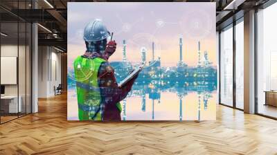 Double exposure of Engineer with oil refinery industry plant background,  industrial instruments in the factory and physical system icons concept, Industry 4.0 concept image Wall mural