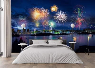 tokyo bay city view and tokyo rainbow bridge with beautiful fireworks Wall mural