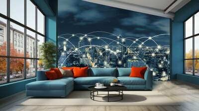 wifi icon and city scape and network connection concept, smart city and wireless communication netwo Wall mural