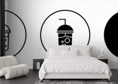 Iced coffee with ice cubes icon. cold coffee or cold tea cup with straw symbol set. Cocktail or milk smoothie with ice cube vector sign. summer cold drink with ice cubes line logo Wall mural