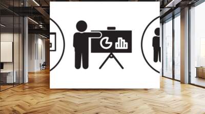 Training symbol Icon. Person in company business give presentation seminar on growth with board member vector set collection in flat outlined style. Classroom lecturer meeting in office analysis sign. Wall mural