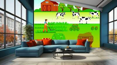 Set of the farming agriculture concept flat vector illustration. Agriculture and Farming. Agribusiness. Rural landscape. Wall mural