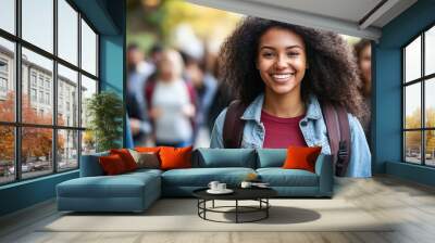 Confident Student with Braided Hair Wearing Denim Jacket Enjoying Autumn Day on Campus  Wall mural