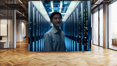 Smiling Asian Male IT Technician Working in Data Center with Blue LEDs Wall mural