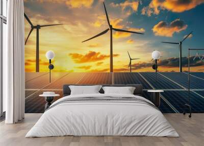 Solar Panels and Wind Turbines in Sunset Scene Harnessing Renewable Energy for Sustainable Future Wall mural