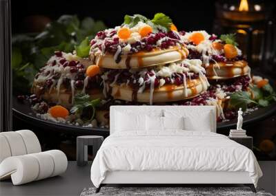 Sopes topped with beans, lettuce, and crumbled cheese on a black plate Wall mural