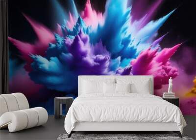 Banner. Explosion of colorful holi colors on a black background. Holi festival of colors. Wall mural