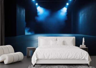 General plan. An empty gloomy room with smoke, illuminated by spotlights. Wall mural