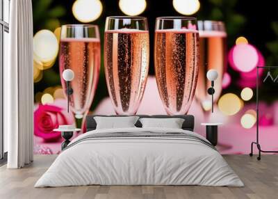 Glasses with pink champagne on a pink background with bokeh lights and fir branches. Christmas card. Wall mural