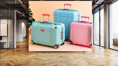 Pastel colored suitcases stand on a beige background with a Christmas tree decorated for Christmas. Wall mural