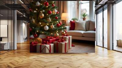 Festive Christmas dinner on a decorated table. New Year's table with food, candles, glasses and decor against the background of a window. Wall mural