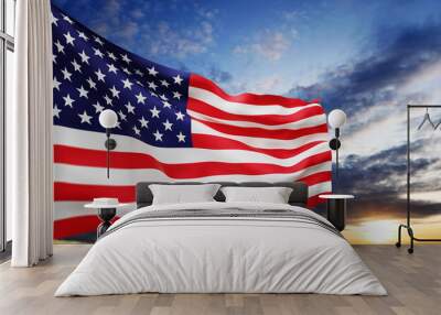 American flag over sky background. Wall mural