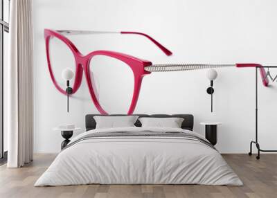 Beautiful female reading red glasses on white background. Wall mural