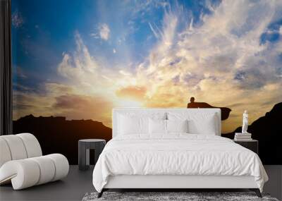 Silhouette of a successful man with a raincoat on a mountain on a sunset background. Wall mural