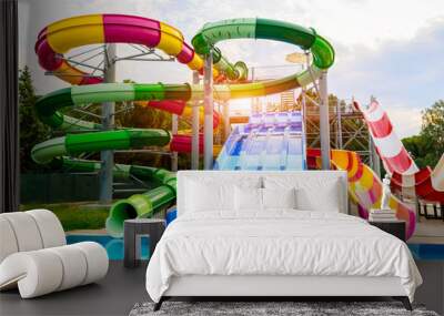 Water park, slides near the pool, summer holidays Wall mural