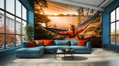 women relaxing in hammock crater lake oregon Wall mural