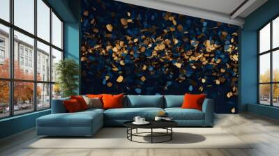 Anniversary dark blue and gold color background with falling confetti and light effects.  Generative AI. Wall mural