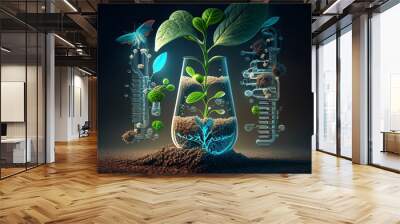 Chemistry flask with plants and molecules. Colorful concept for bio laboratory, agro engineering, science researching.  Generative AI. Wall mural