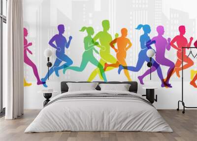 Colorful silhouettes of running people. Conceptual vector illustration of marathon. Sport background with mans and womans in active lifestyle. Wall mural