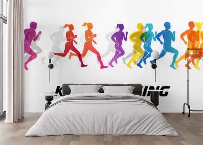 Colorful silhouettes of running people. Conceptual vector illustration of marathon. Sport background with mans and womans in active lifestyle. Wall mural