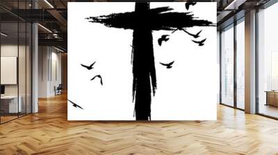 Cross silhouette in hand-painted style. Religion symbol with flying birds Wall mural