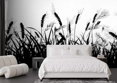 Field with cereals, grass and wild herbs. Vector isolated silhouette of grain plants meadow.  Horizontal border. Wall mural