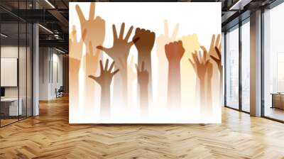 Hands up silhouettes, horizontal border. Decoration element from human raised hands. Conceptual illustration for festivals, concerts, social public communities, education or volunteering. Wall mural