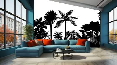 Jungle landscape. Vector background with silhouette of rainforest. Horizontal black panoramic border with palms, trees and bushes. Wall mural