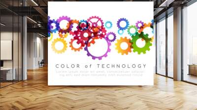 Technology abstract background from rainbow gearwheels composition. Horizontal border for teamwork, industrial, communication or automation conceptual design. Wall mural