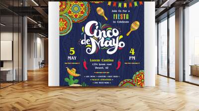 Cinco De Mayo announcing poster template. Mexican style ornaments for border and background. Wall mural