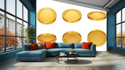 3d realistic empty gold coin rotating animation. Money cash for gambling games, treasure, finance or casino jackpot concept. Golden coins currency top, side and perspective view vector set Wall mural