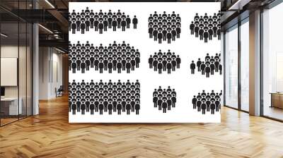 Many people group silhouette icons, crowd, social teamwork, citizen community, company team. Human person gathering black men and women stick figure. Protest, demonstration vector set Wall mural