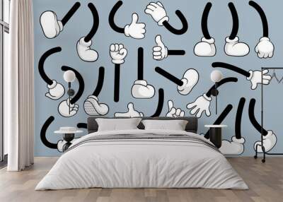 retro cartoon legs, arms gestures and hands poses. comic funny character foot in shoes walking and h Wall mural